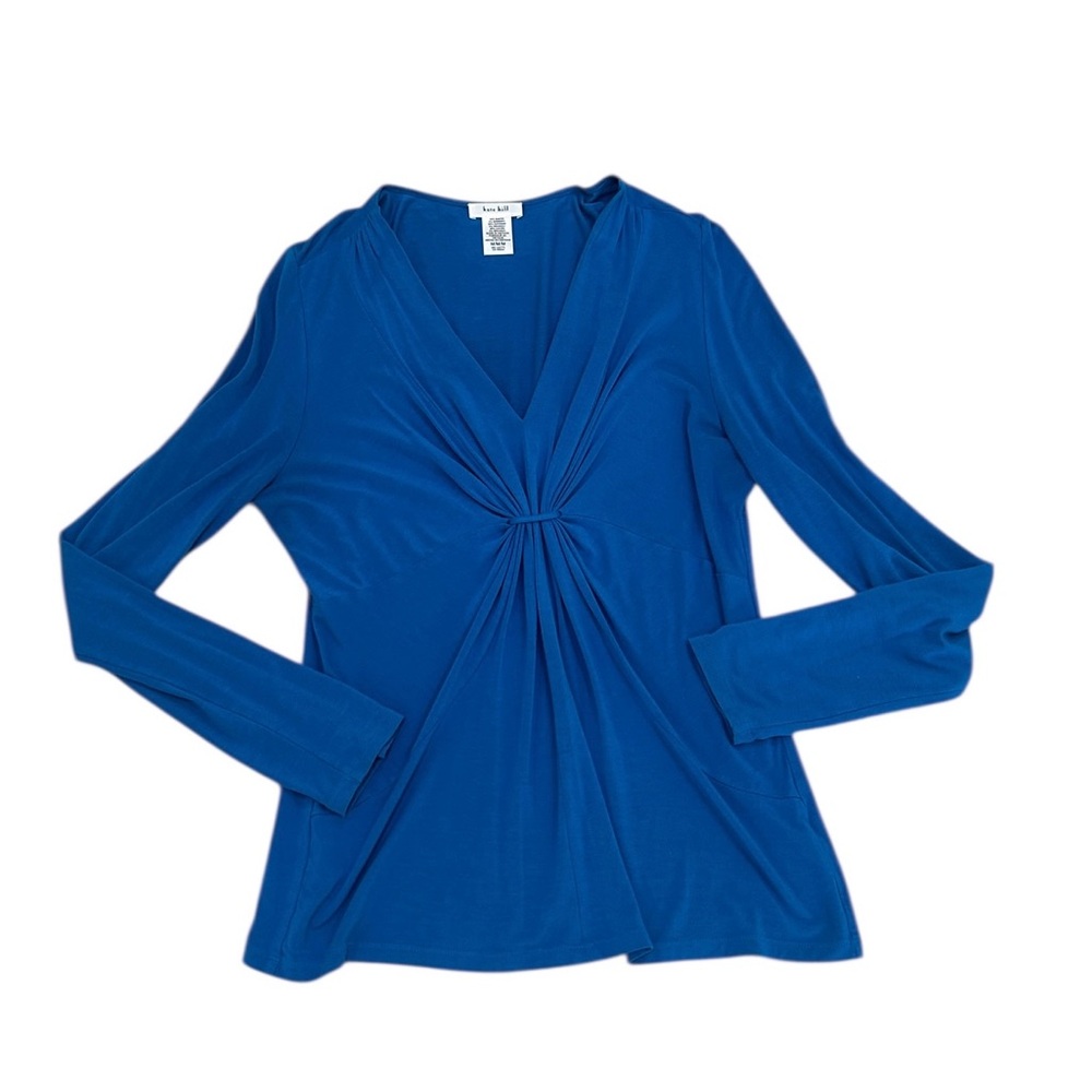 Kate Hill Teal v neck Long-Sleeve Twist-Front stretchy Top size medium - Picture 2 of 7